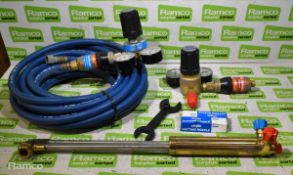 Oxy acetylene torch with accessories - regulators, hose, cutting head and spanner