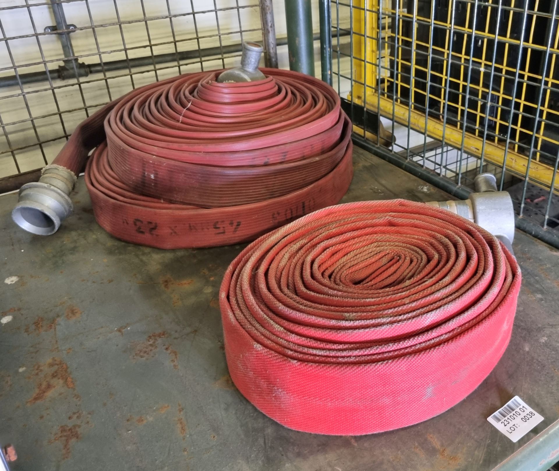 2x Angus Duraline 45mm lay flat hoses with couplings - approx 23m in length, Red lay flat hose - Image 2 of 4