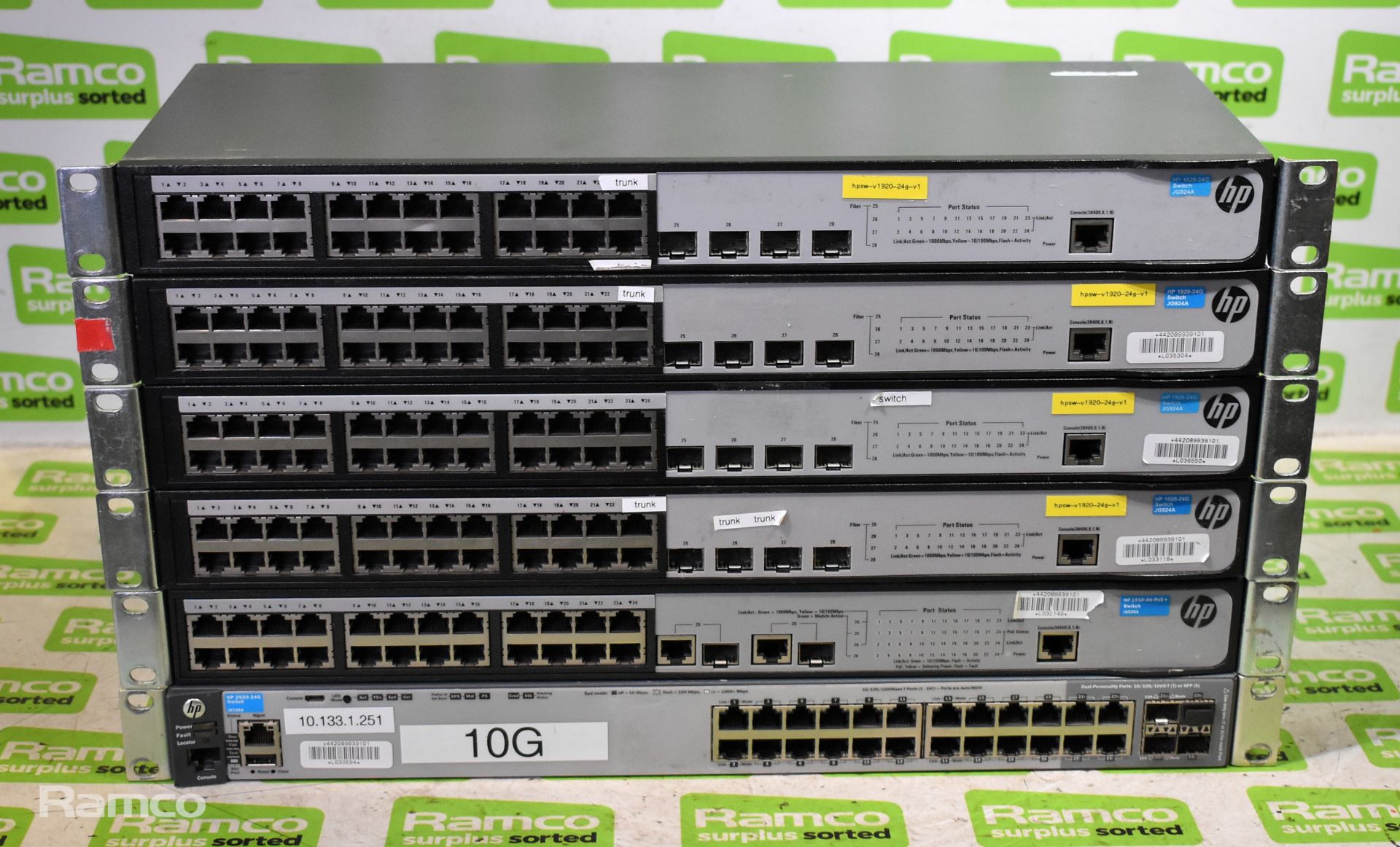 4x HP JG924A 1920-24G 24 port network switches - 1U rack mountable, HP JG539A 1910-24-PoE + 24 port