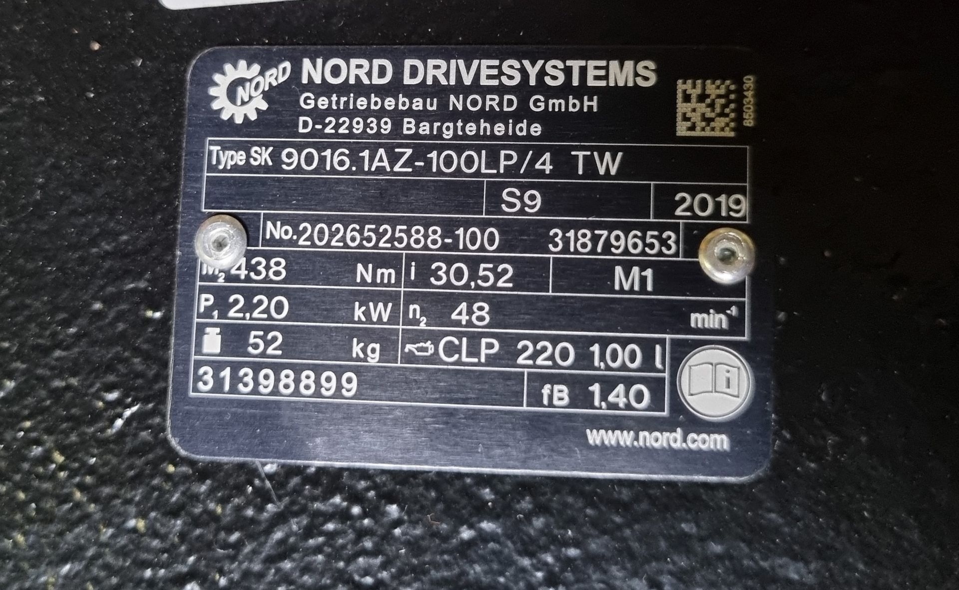 Nord SK 100LP/4 TW 3 phase electric motor with Nord SK 9016.1AZ-100LP/4 TW helical-bevel gear unit - Image 3 of 4