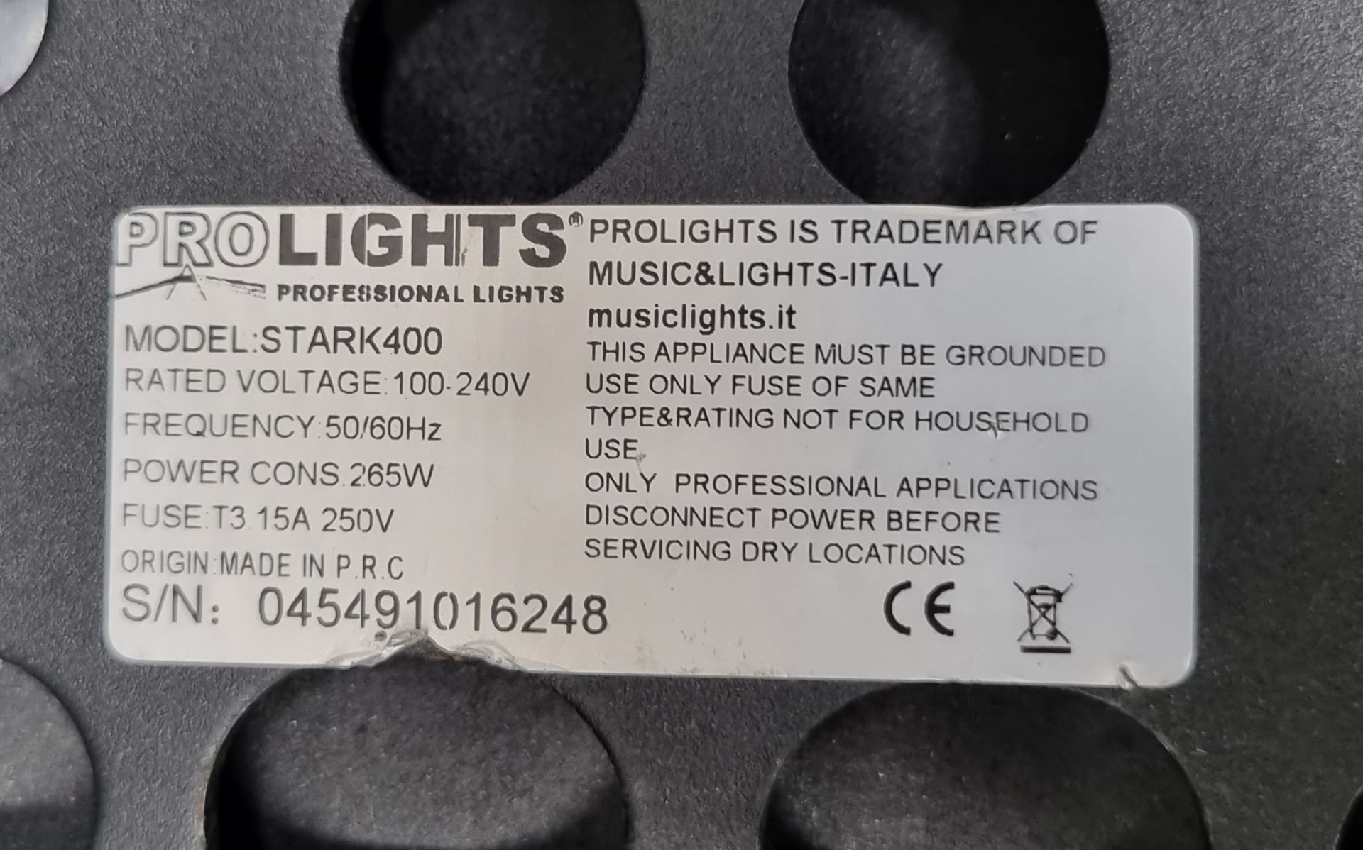 4x Prolights Stark 400 with flightcase, hanging brackets and safety bonds. S/N:045491016248 - Image 11 of 14
