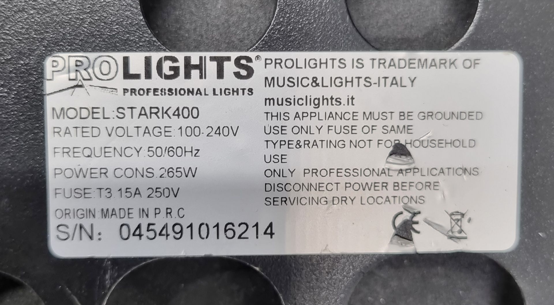 4x Prolights Stark 400 with flightcase, hanging brackets and safety bonds. S/N:045491016266 - Image 10 of 13