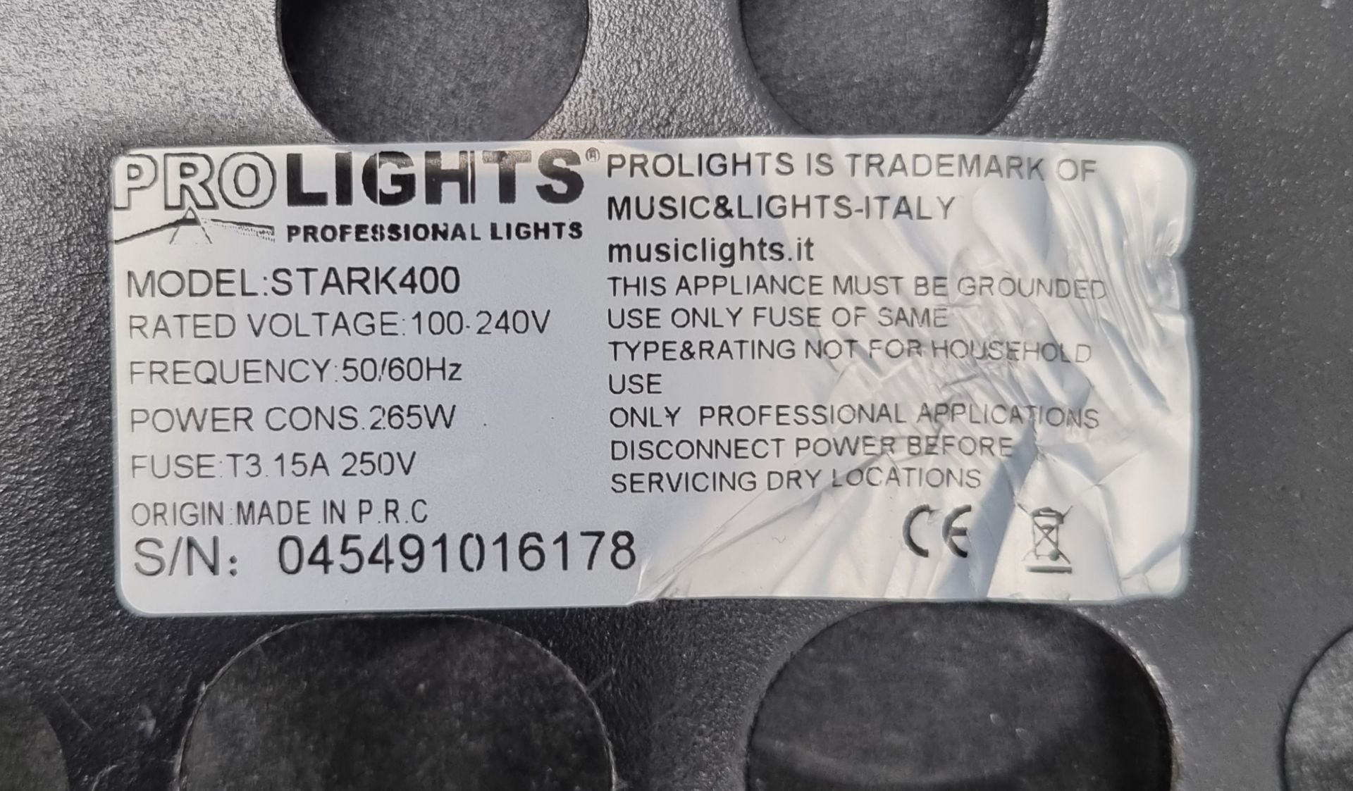 4x Prolights Stark 400 with flightcase, hanging brackets and safety bonds. S/N:045491016266 - Image 12 of 13