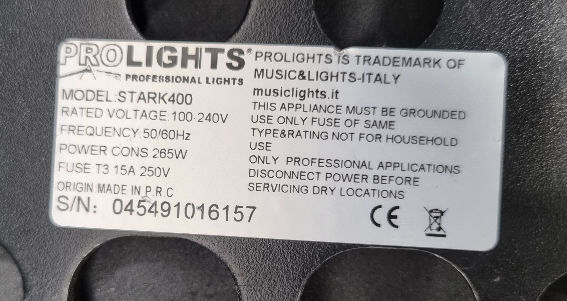 4x Prolights Stark 400 with flightcase, hanging brackets and safety bonds. S/N:045491016248 - Bild 12 aus 14