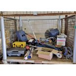 Assorted garage tools - jacks, welding masks, car tester kit, clamps, 12v 5 ton power winch