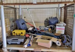 Assorted garage tools - jacks, welding masks, car tester kit, clamps, 12v 5 ton power winch
