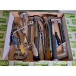 Hand tools - hammer, screwdrivers, tin snips, pliers