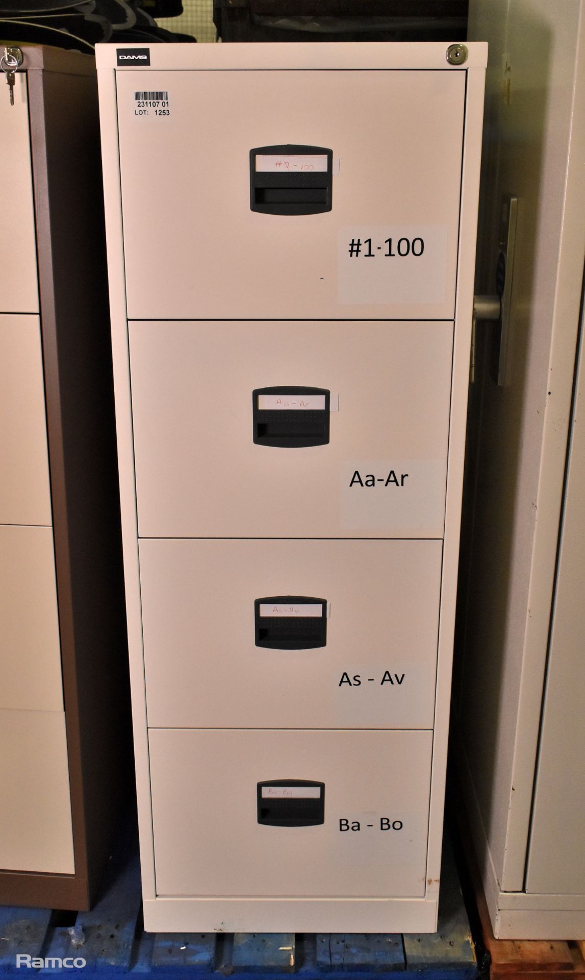 Dams 4 drawer light grey filing cabinet - no keys - W 470 x 630 x H 1320mm