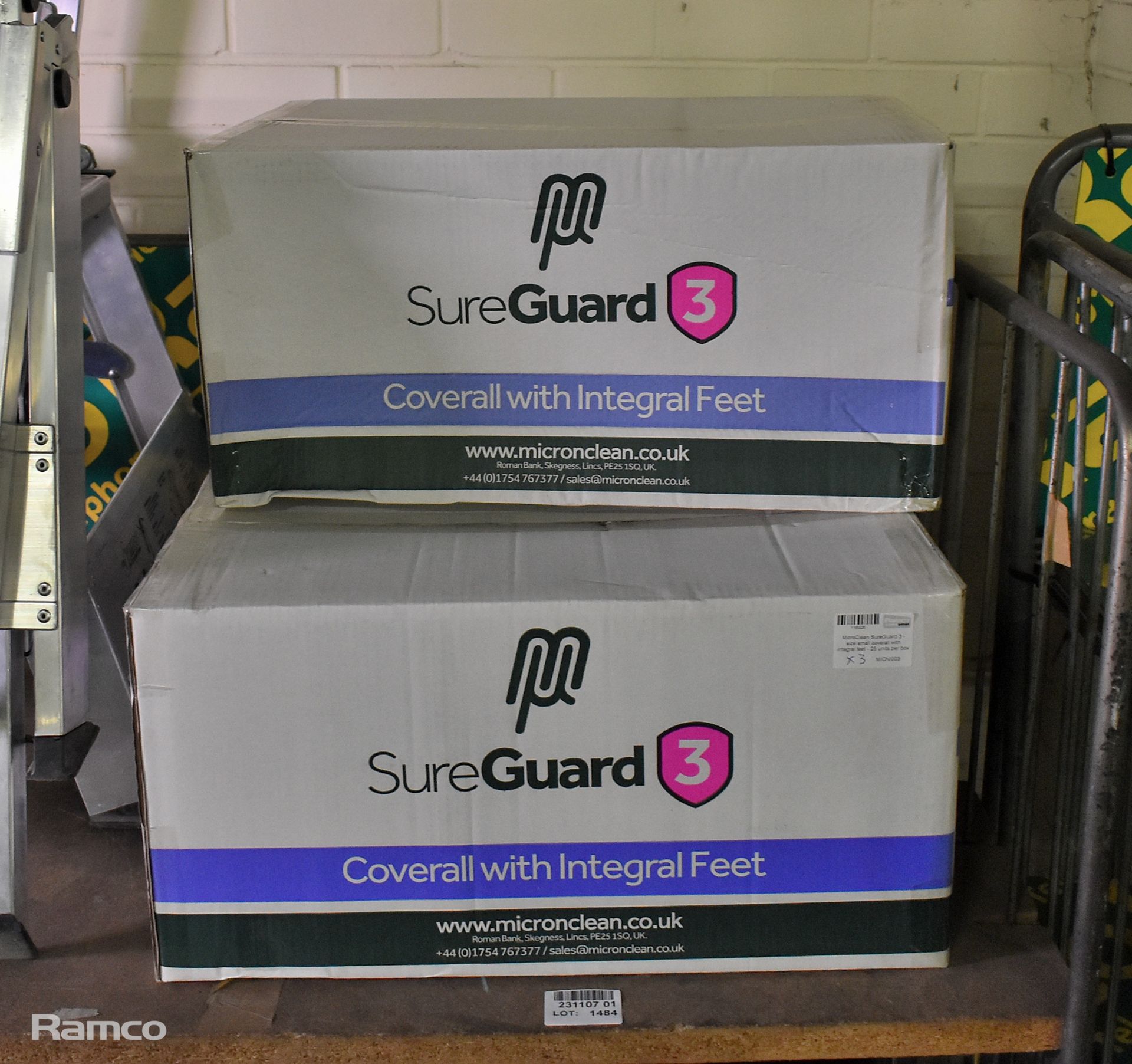 3x boxes of MicroClean SureGuard 3 coveralls with integral feet - size small - 25 units per box