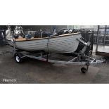 Unbranded boat with Mariner 9.9 Four Stroke outboard motor model 7F10211ZA on trailer