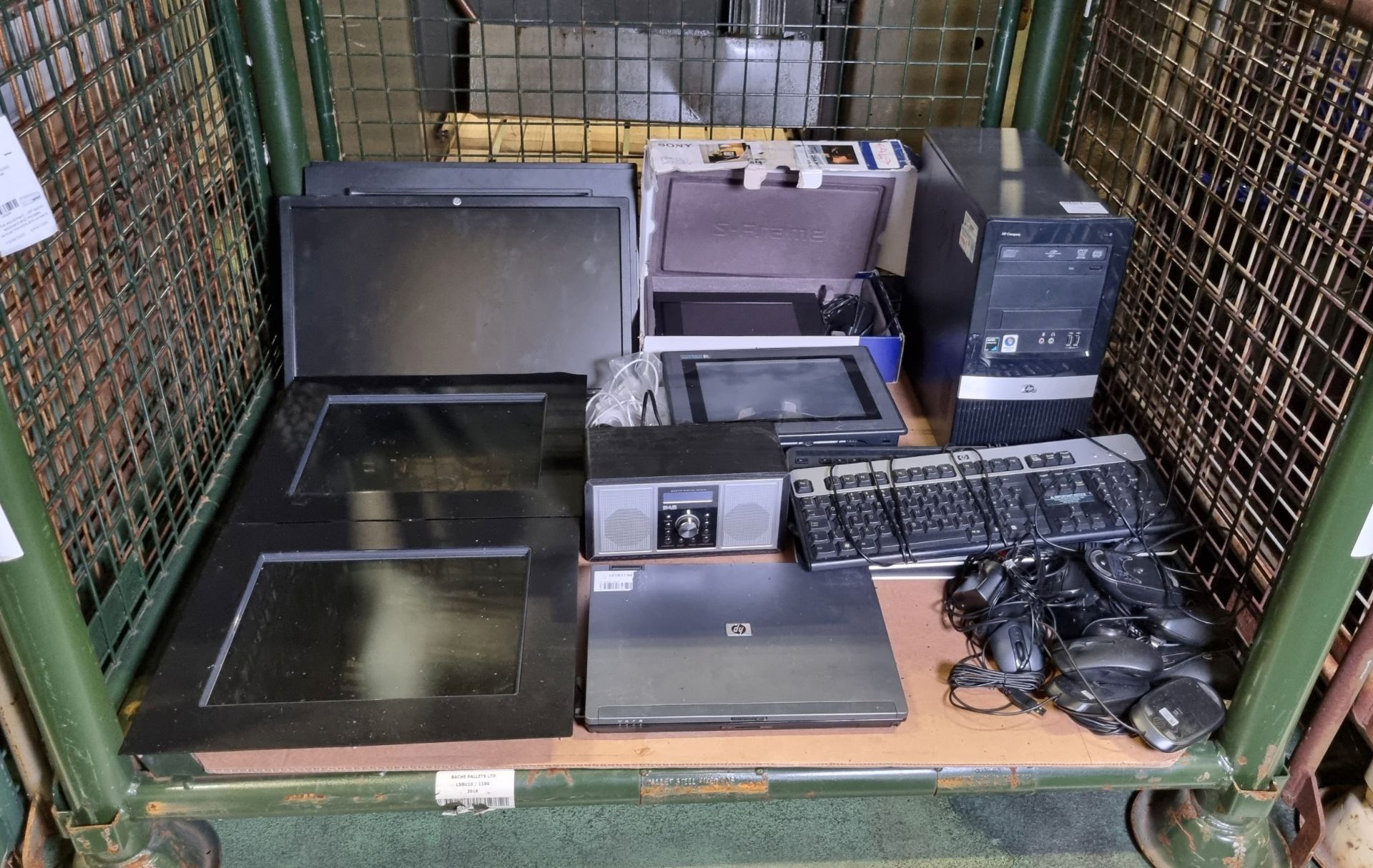 Office equipment - HP laptop, keyboard and mice, various monitors and screens, HP Compaq DX2450