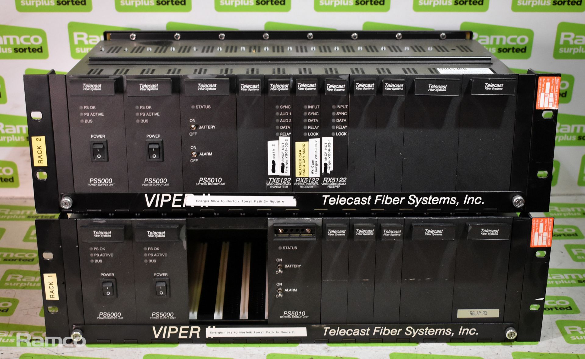 Telecast Fibre Systems Viper II 3U rack enclosure with 2x PS5000 PSU, PS5010 battery backup unit,