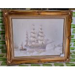 Oil painting on canvas depicting a ship - Frame size W 770 x H 610mm