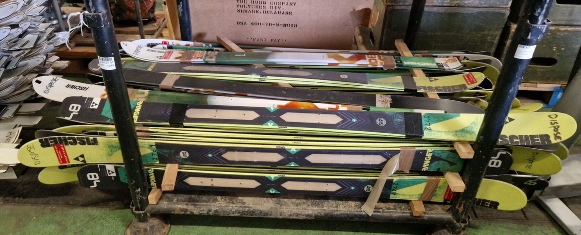 Downhill skis various sizes and models with and without bindings - approx 70 pairs