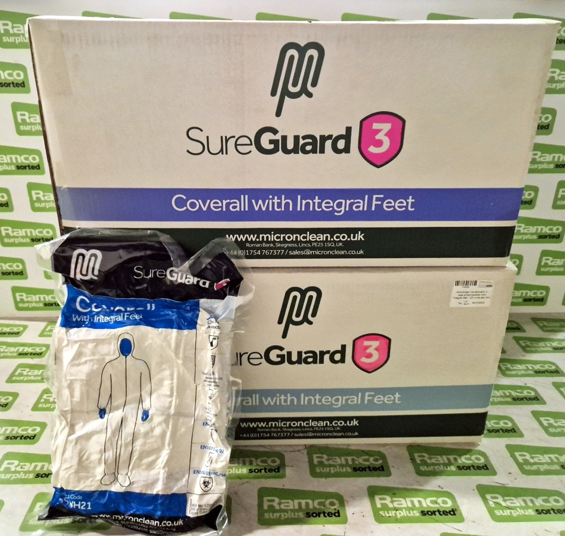 2x boxes of MicroClean SureGuard 3 coveralls with integral feet - size small - 25 units per box - Image 2 of 4
