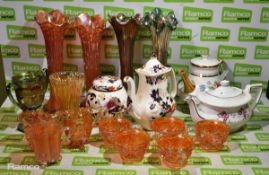 2x Gibson floral art china teapots, 4x Carnival glass vases, 5x Orange carnival glass tea cups,