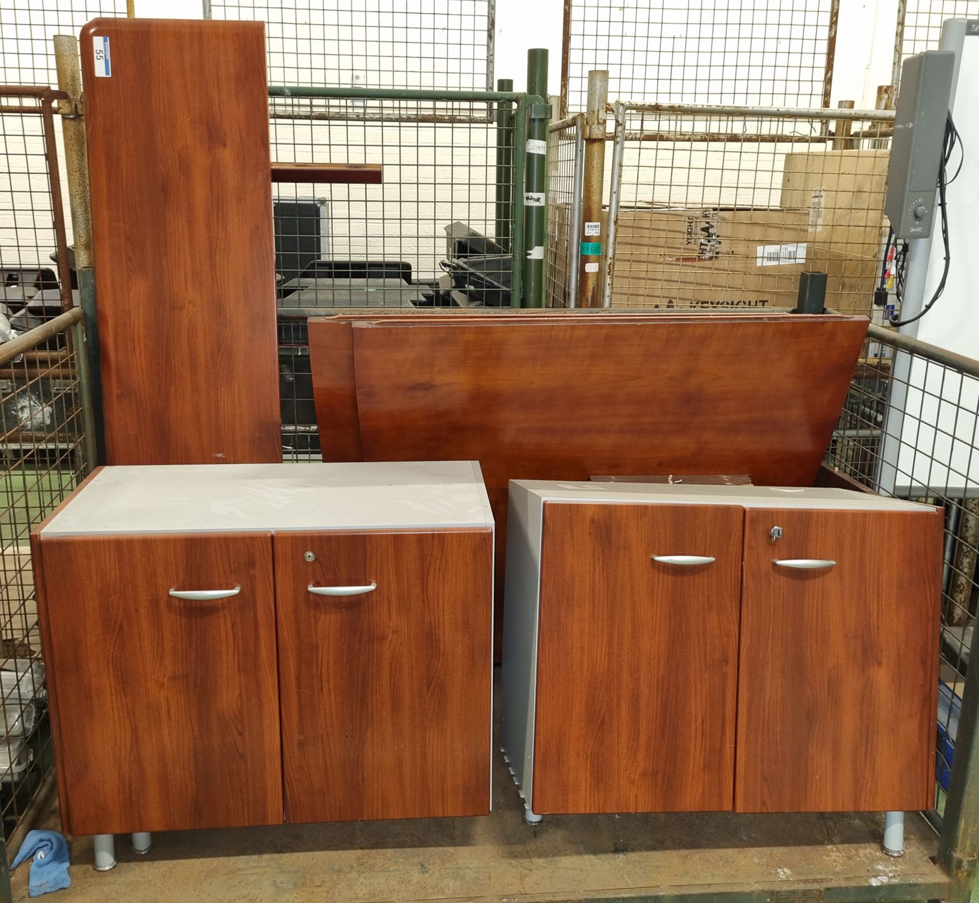 Rosewood 3 part sectional boardroom table on pedestal - L 2900 x W 1300mm & 2x Rosewood 4 door board