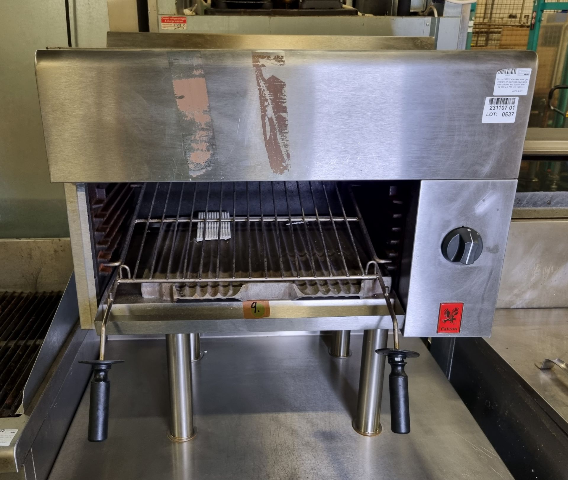 Falcon G3512 stainless steel gas chargrill on stainless steel table with upstand and bottom shelf - Image 2 of 5
