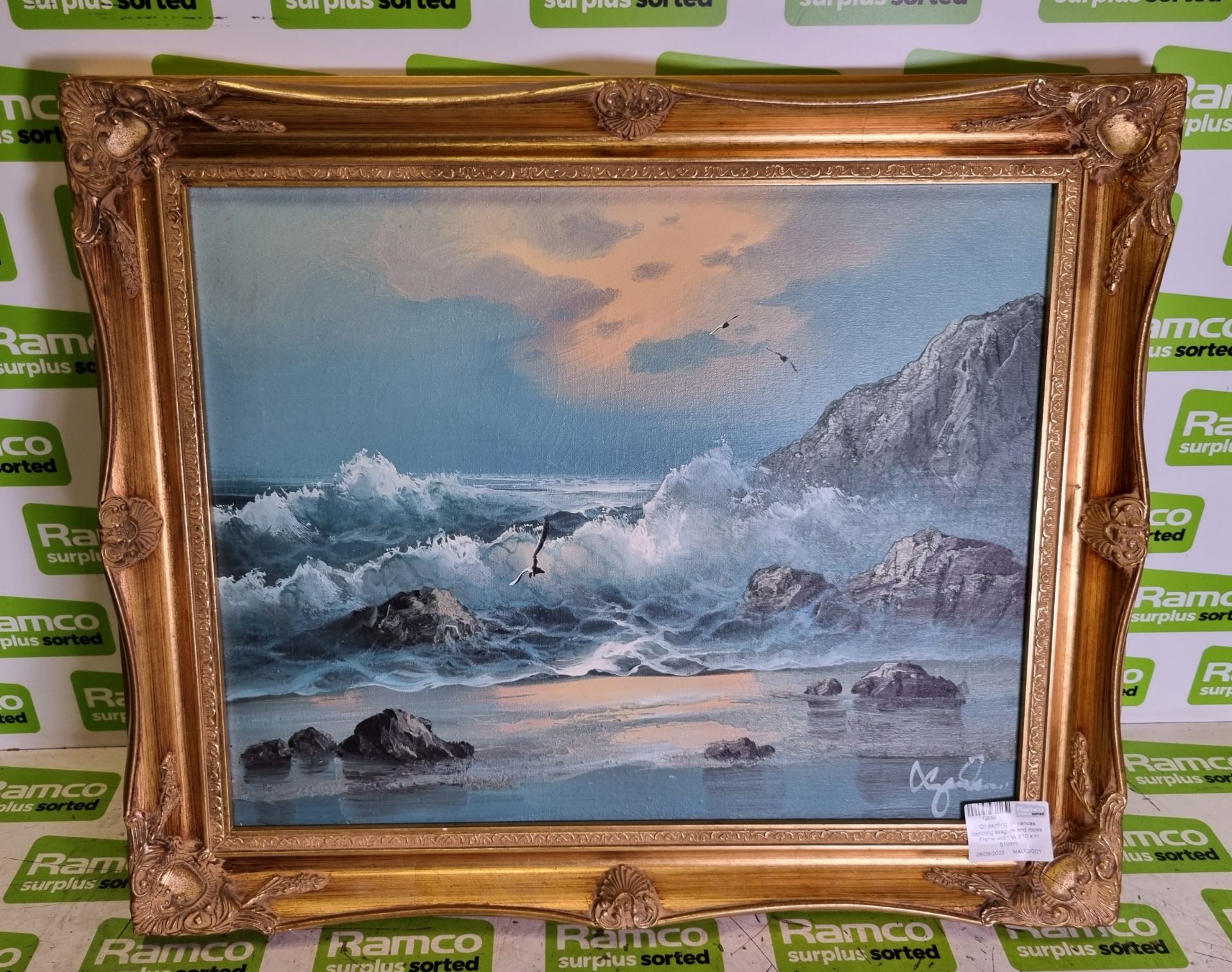 Oil painting on canvas depicting seashore scene - Frame width W 610 x H 510mm