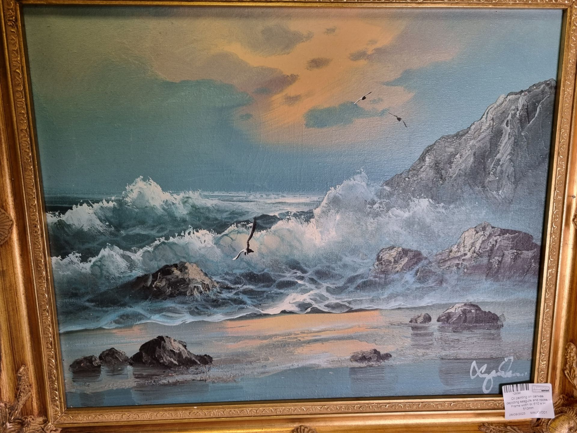 Oil painting on canvas depicting seashore scene - Frame width W 610 x H 510mm - Bild 2 aus 4