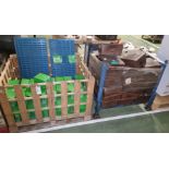 36x brown storage bins with stillage, 54x Green storage bins with 3 boards
