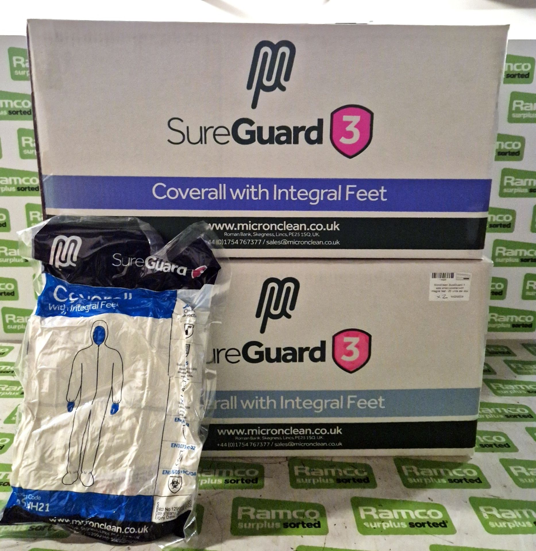 2x boxes of MicroClean SureGuard 3 coveralls with integral feet - size small - 25 units per box