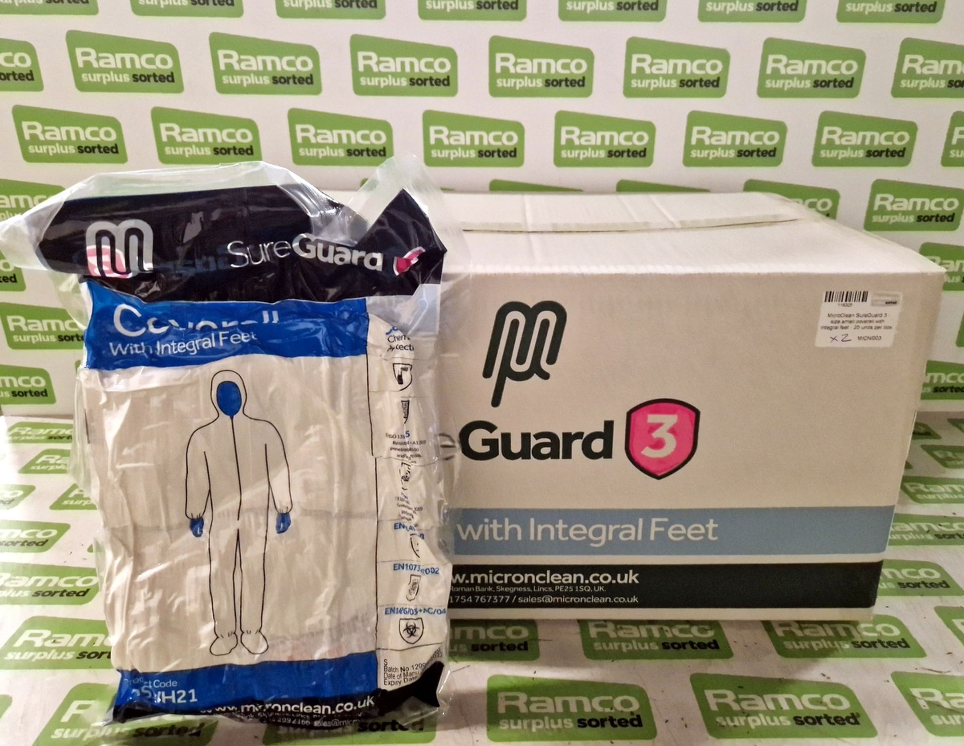 2x boxes of MicroClean SureGuard 3 coveralls with integral feet - size small - 25 units per box - Image 2 of 3