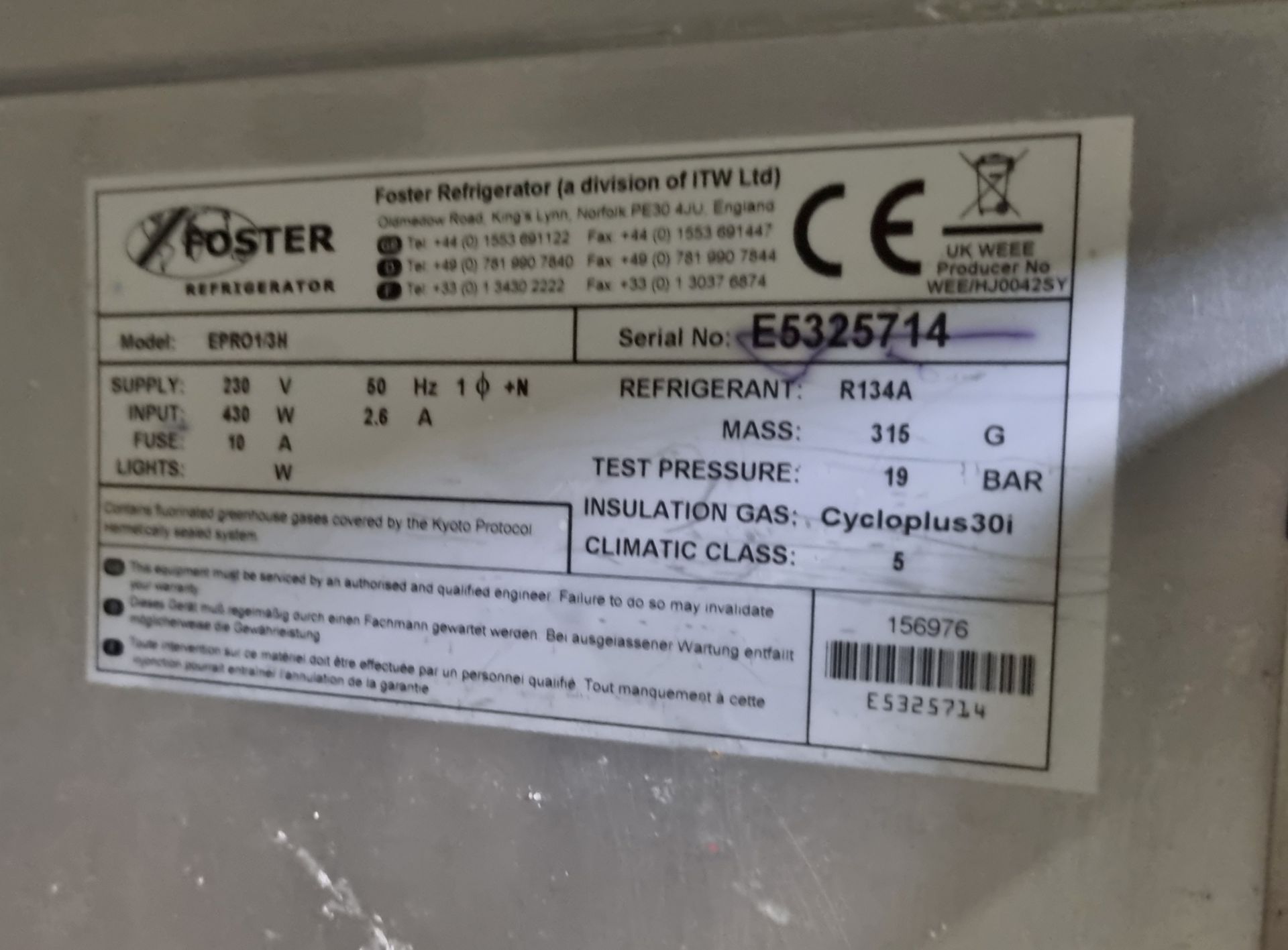 Foster EPRO1/3H refrigerator - L 1870 x W 700 x H 830mm - 3 door - Image 4 of 6