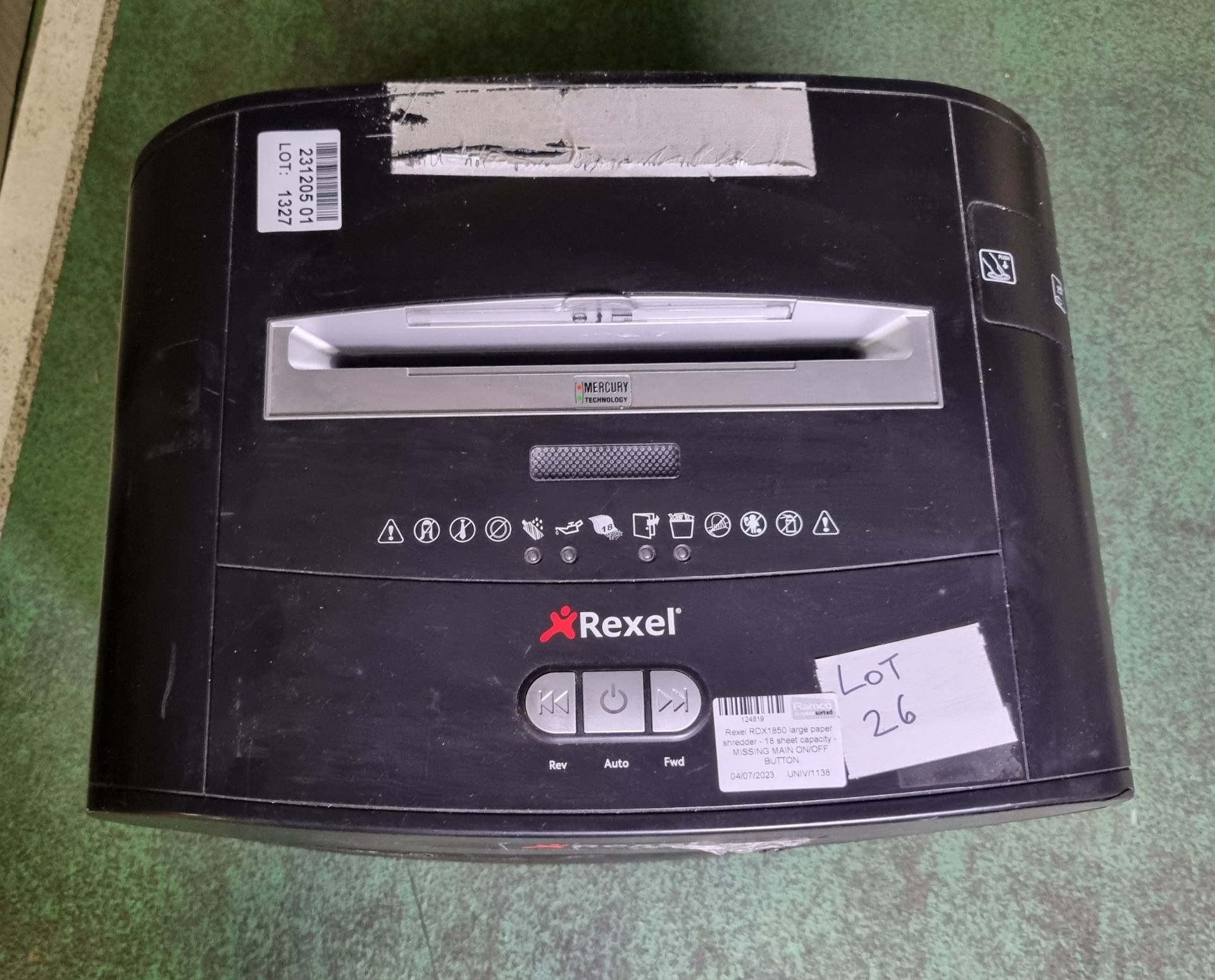 Rexel RDX1850 large paper shredder - 18 sheet capacity - MISSING MAIN ON / OFF BUTTON - Bild 2 aus 6