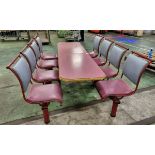 2x Canteen-style modular seating units - red wooden table with red and grey seats attached