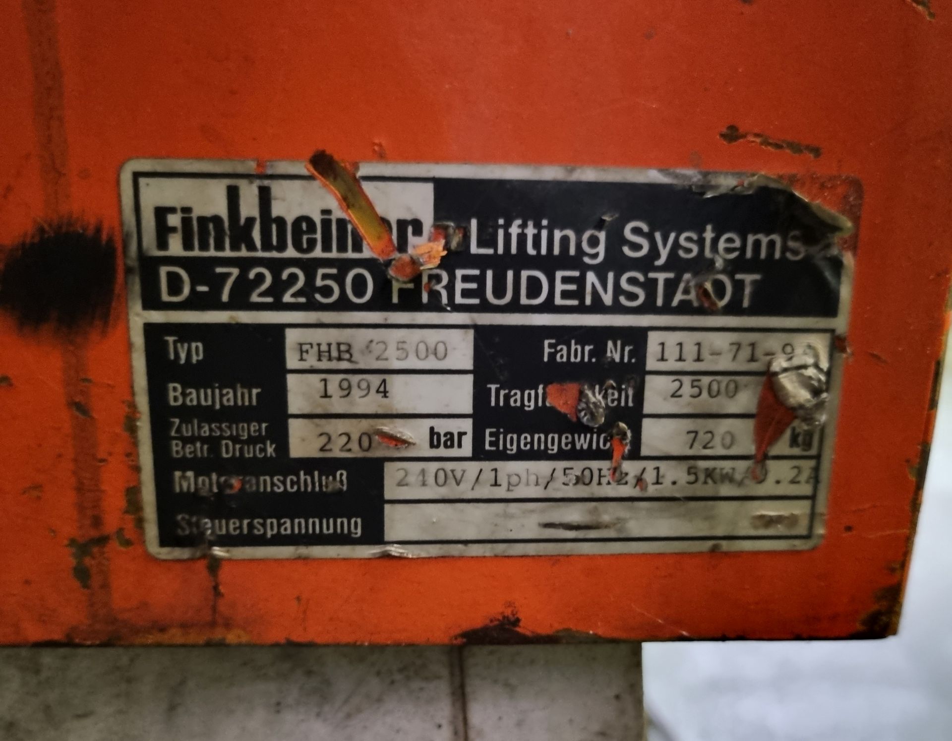 Finkbeiner FHB2500 dual post mobile car lift - 2500kg capacity - 1994 model - 220bar - 240V - 1ph - Bild 5 aus 8