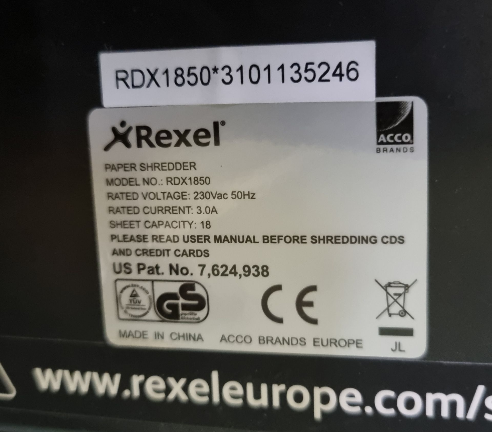 Rexel RDX1850 large paper shredder - 18 sheet capacity - MISSING MAIN ON / OFF BUTTON - Bild 5 aus 6