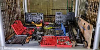 Workshop tools and equipment - Halfords socket sets (incomplete), trolley jack, 12V scissor jack