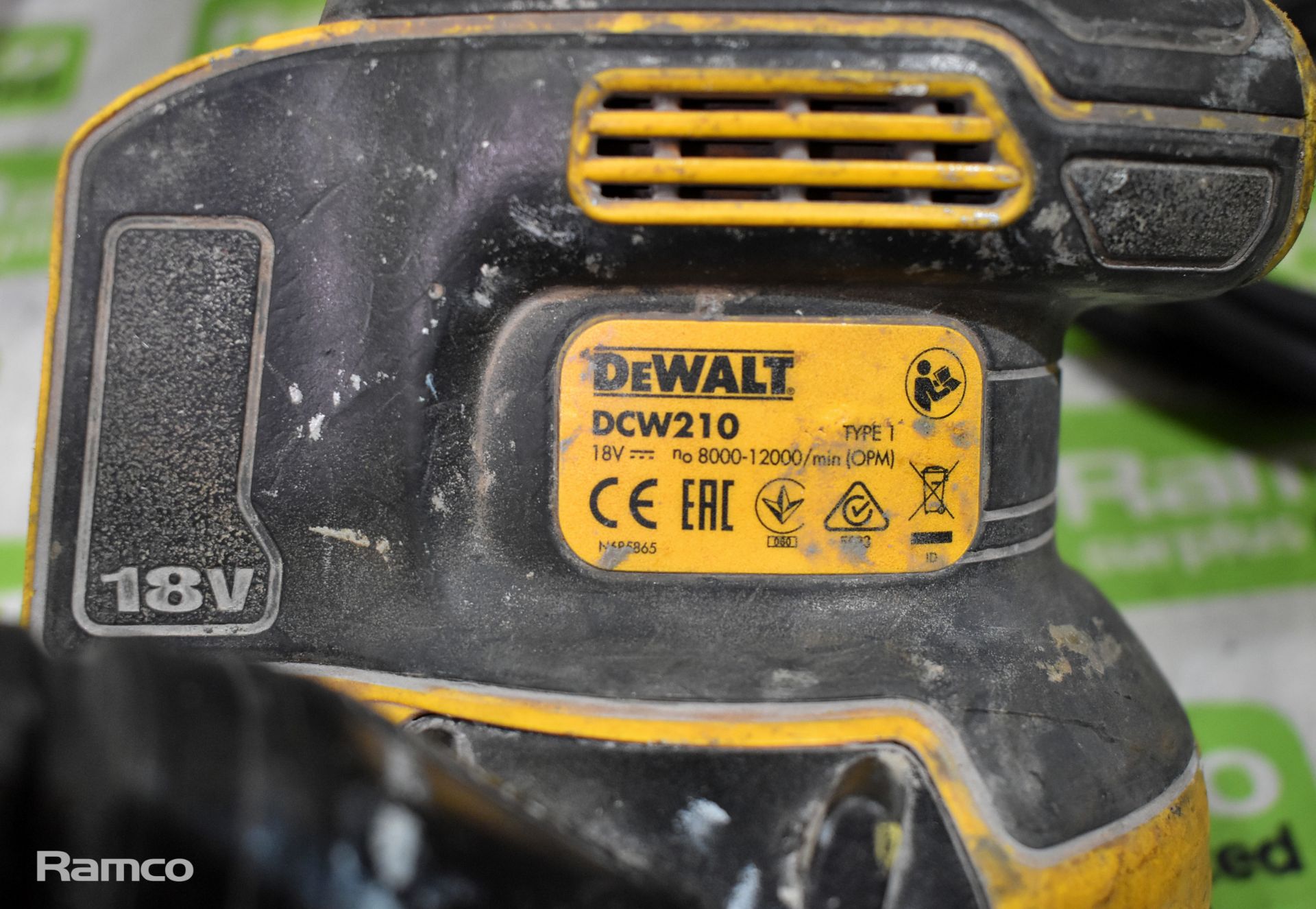 Dewalt DCW210 18V cordless variable speed palm sander - UNIT ONLY, Dewalt DWE492 240V angle grinder - Image 3 of 8