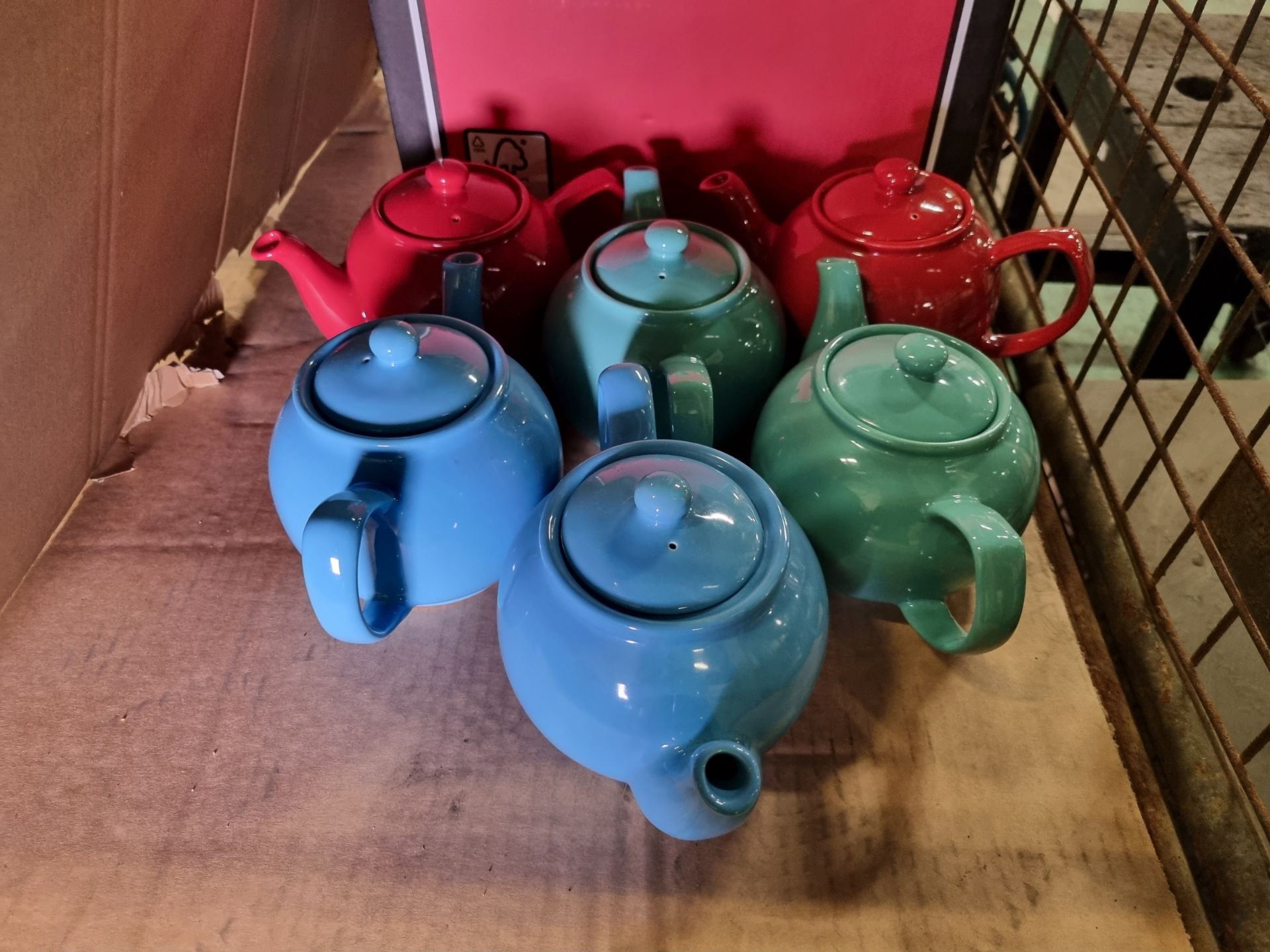 6x Coloured teapots with white cups and saucers - Image 2 of 3