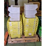 15x Large yellow tote boxes, 8x large white plastic linbins