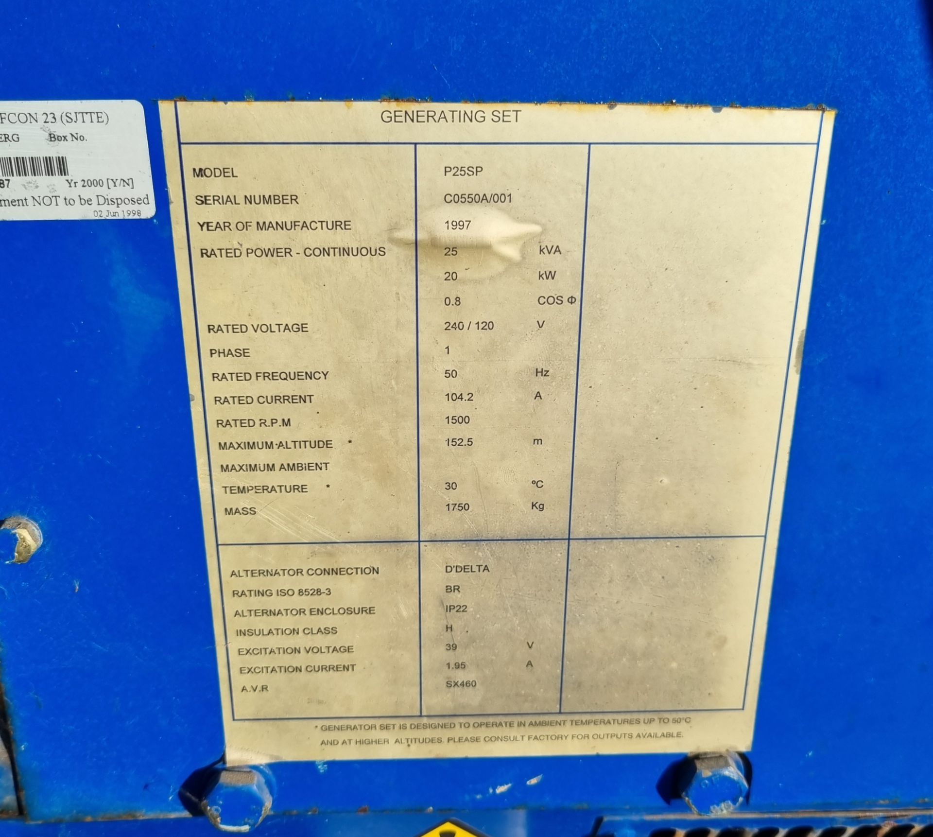 Perkins P25SP trailered generator - 240/120V - 25 kVA - 50Hz - 1500 RPM - Total hours 2878 - Bild 8 aus 20