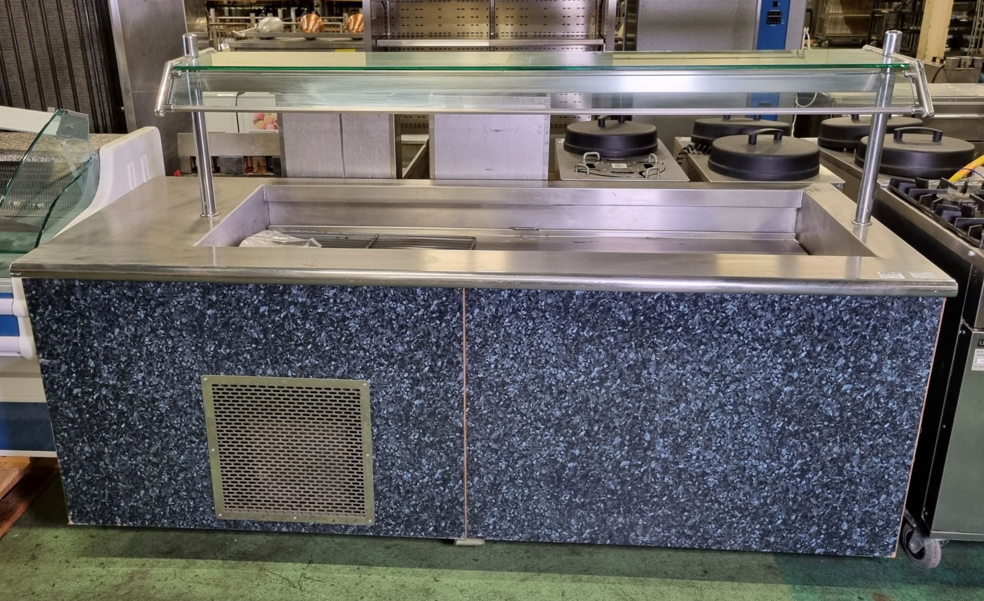 Stainless steel top servery unit with glass upper gantry - W 2200 x D 900 x H 1390 mm