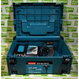 Makita DHP458 cordless drill with DC18RC battery charger, drill handle and storage case