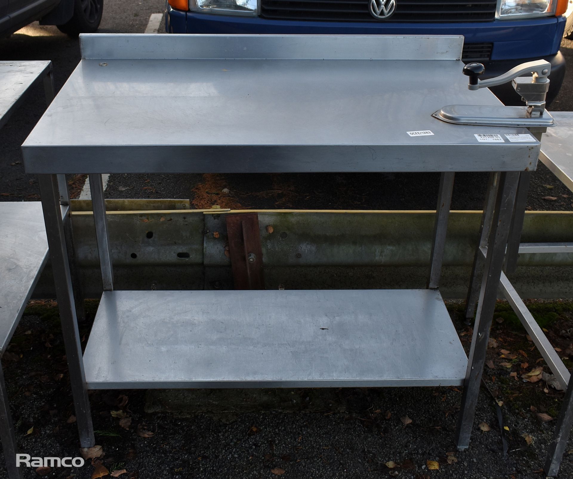 Stainless steel preparation table with tin can opener & splashback - L 1070 x W 600 x H 1020mm