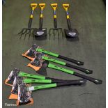 3x Charles Rose Florabest 1.9kg Axes, 2x Draper spade and shovel sets, 3x Charles Rose axes