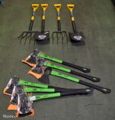 3x Charles Rose Florabest 1.9kg Axes, 2x Draper spade and shovel sets, 3x Charles Rose axes