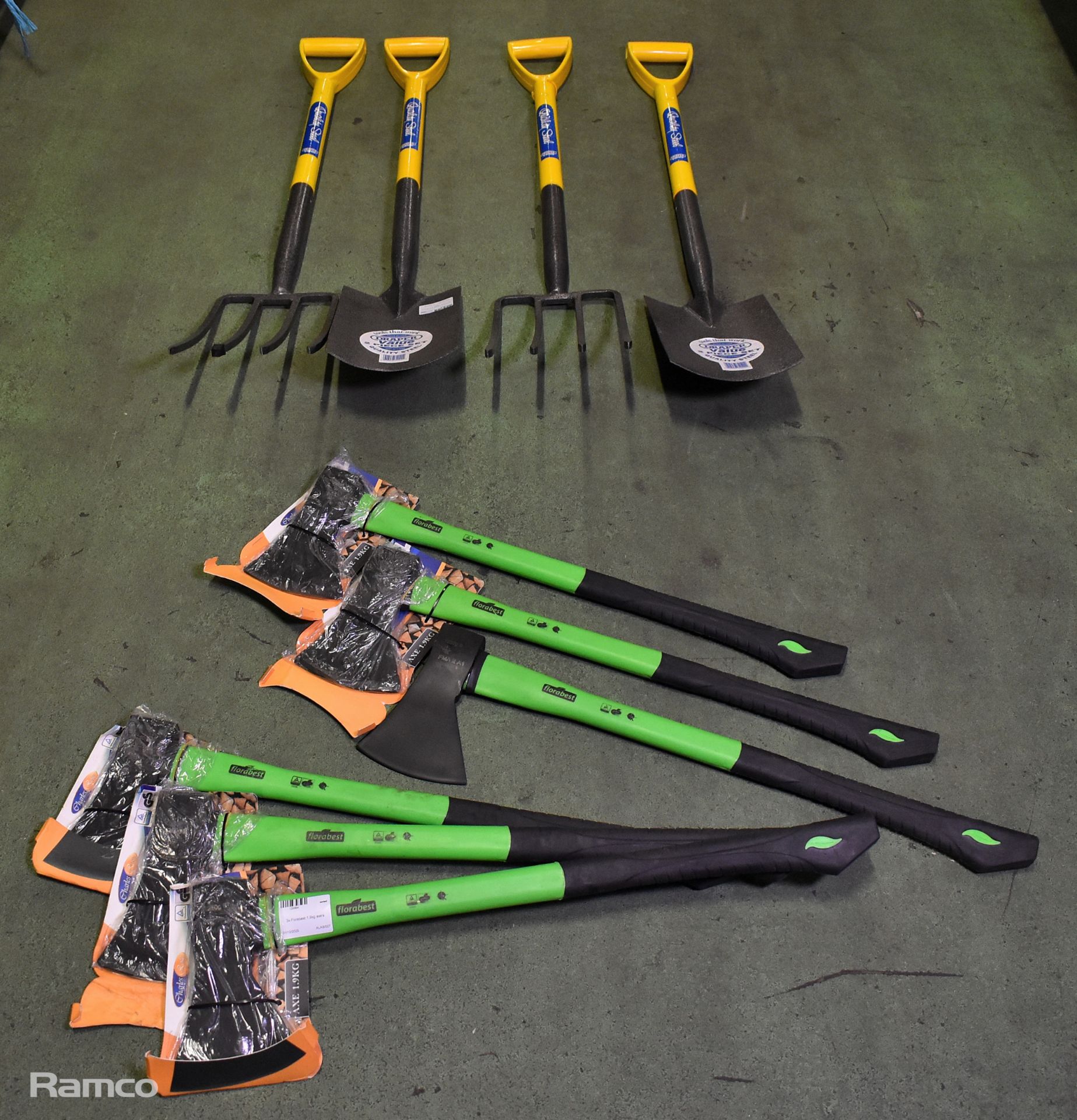 3x Charles Rose Florabest 1.9kg Axes, 2x Draper spade and shovel sets, 3x Charles Rose axes