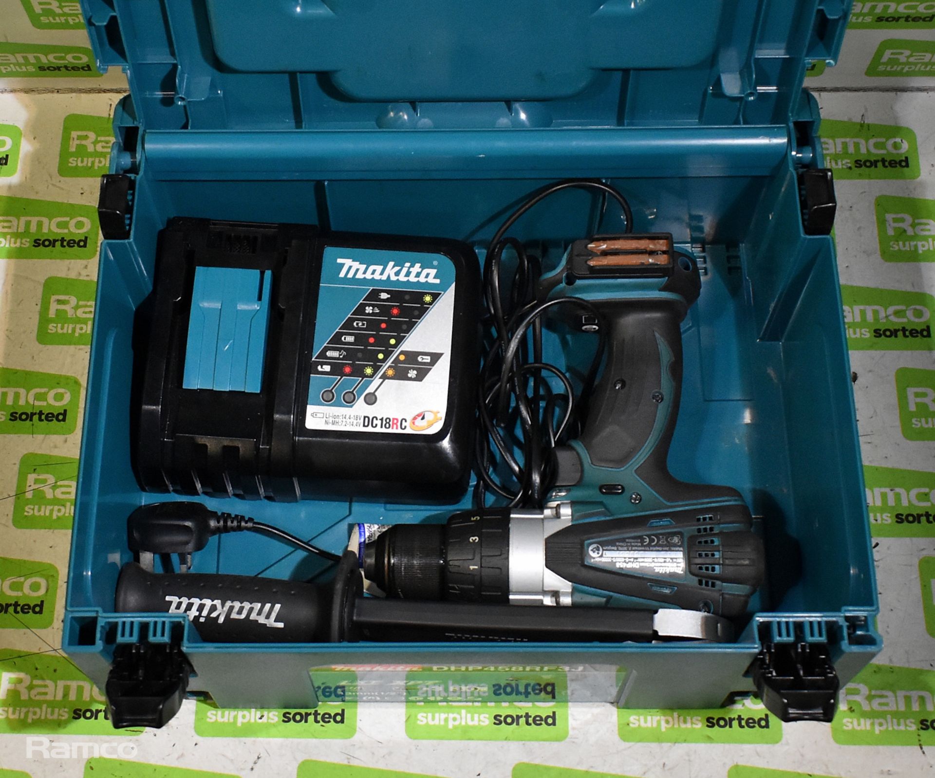 Makita DHP458 cordless drill with DC18RC battery charger, drill handle and storage case - Image 2 of 6