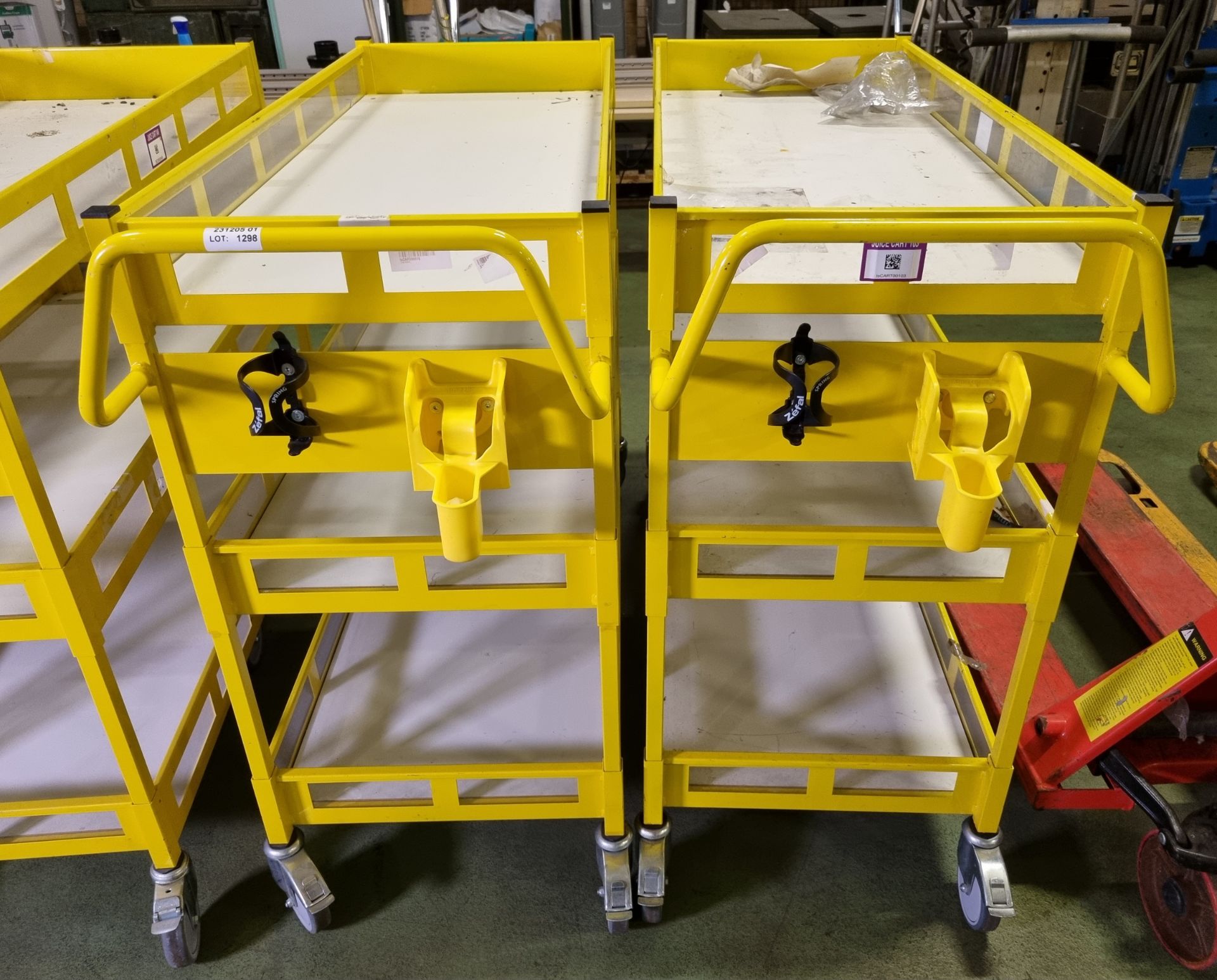 2x Yellow 3-tier general use trolleys - W 1440 x D 550 x H 1150mm