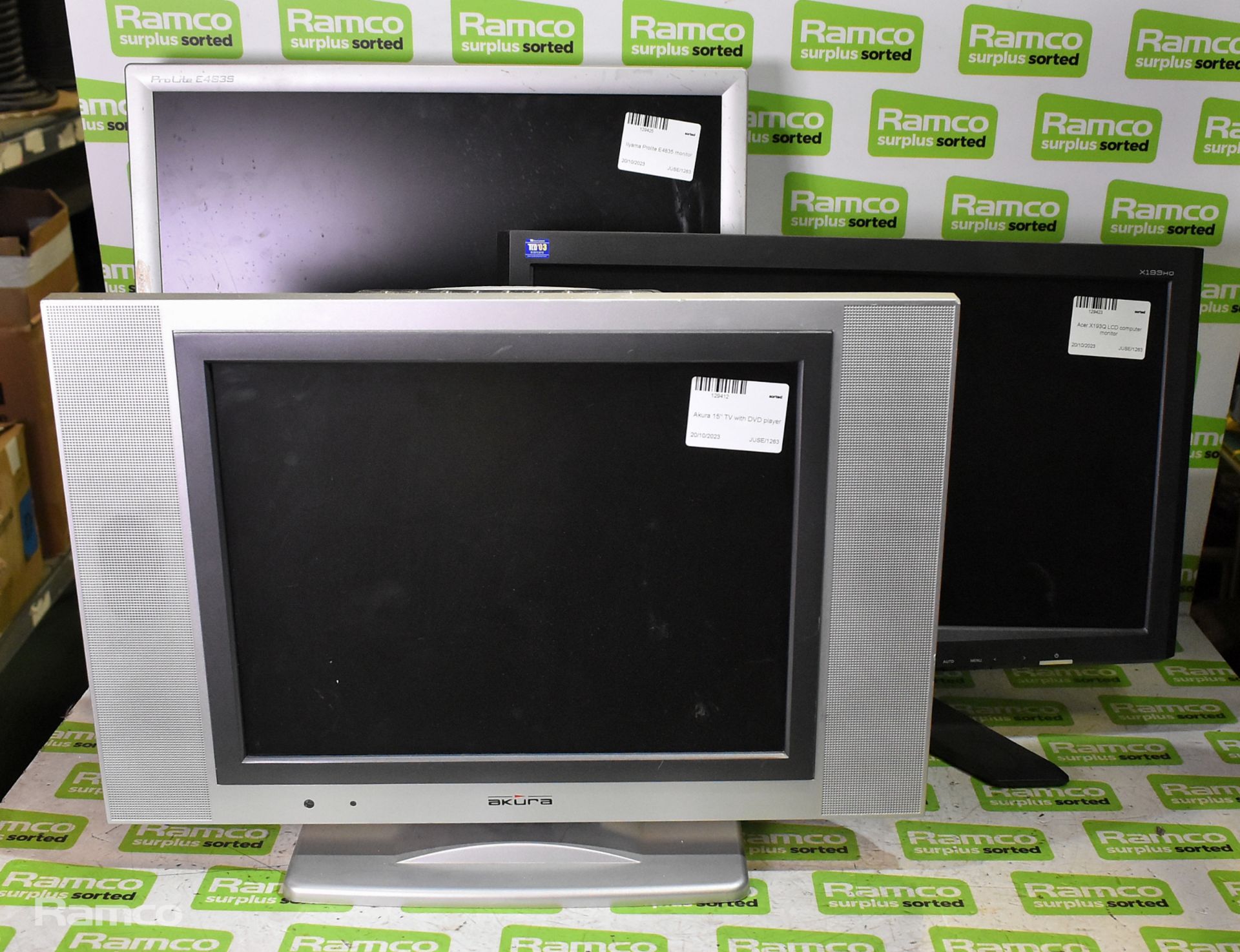 Akura 15" TV with DVD player, Acer X193Q LCD computer monitor, IIyama Prolite E4835 monitor