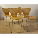 Arne Jacobsen for Fritz Hanson, a set of three series 7 Danish plywood stacking chairs, with