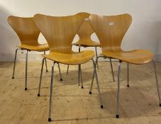 Arne Jacobsen for Fritz Hanson, a set of three series 7 Danish plywood stacking chairs, with