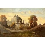 J M D ... S, Two Figures by the Wall of a Ruined Castle, oil on canvas, signed bottom left
