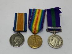 WWI pair, British War Medal and Victory Medal, General Service Medal 1918-62 clasp IRAQ. (TPR J.S.